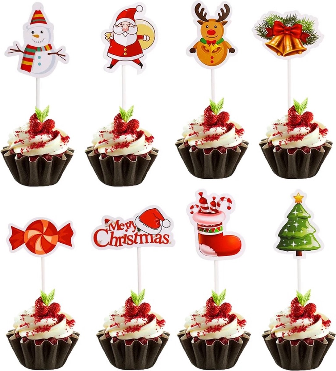 Kerstmis cupcake toppers | 16 stuks | cocktail prikker | cupcake decoratie | prikkers met versiering | taartversiering